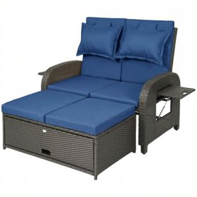 Patio Rattan Daybed, Wicker Outdoor Daybed with Storage Ottoman, Loveseat w/ Adjustable Backrest, Navy Blue (Option: Navy Blue-1170x755x290 mm)